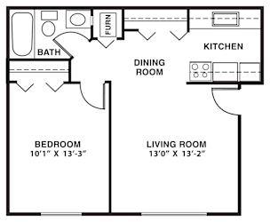 One bedroom 2D floor plan at Concord Place Apartments, Kalamazoo, MI
